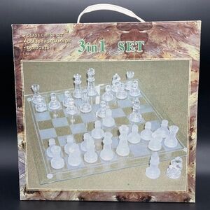 3 in 1 Glass Game Set Chess Backgammon Draughts Library Core minimalist game